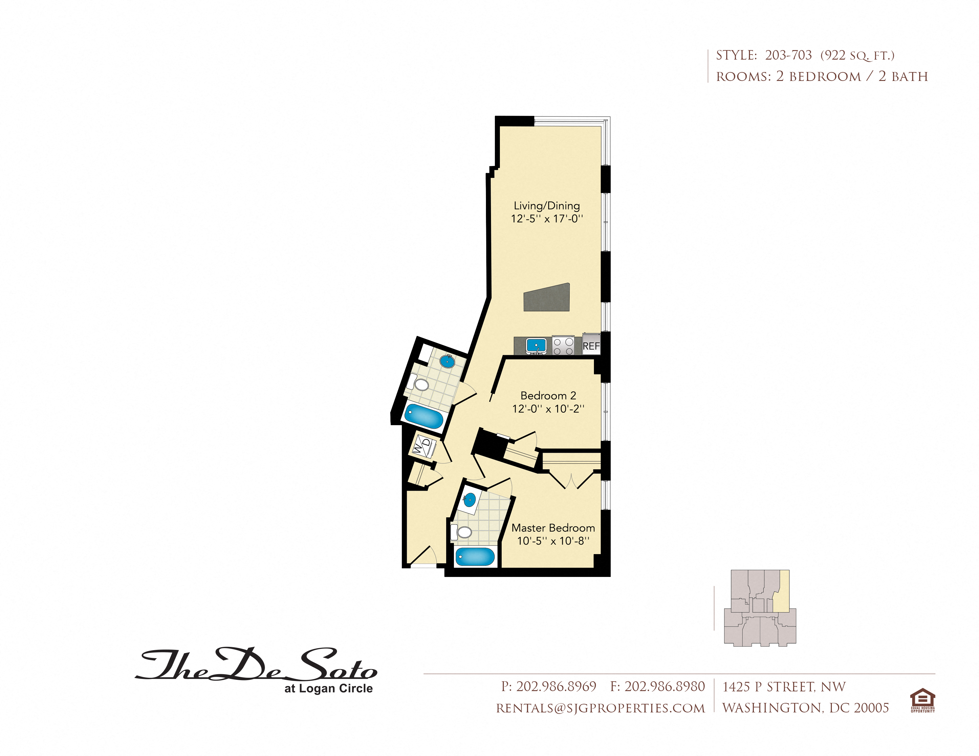 Floor plan for 2 beds, 2 baths, 922 sqft
